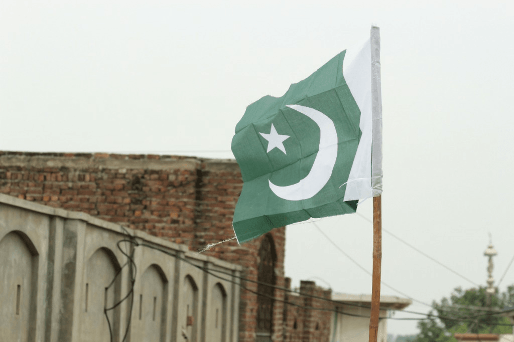 Pakistan national flag flying against an urban skyline and brick wall